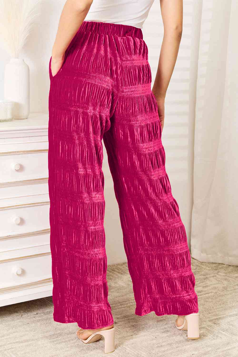 Double Take Full Size High Waist Tiered Shirring Velvet Wide Leg Pants - Love Salve